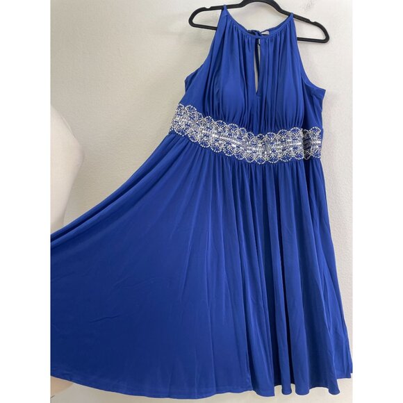 NEW R & M Collection Womens Plus 20W Blue Beaded Waist Sleeveless Halter Dress - Picture 2 of 8